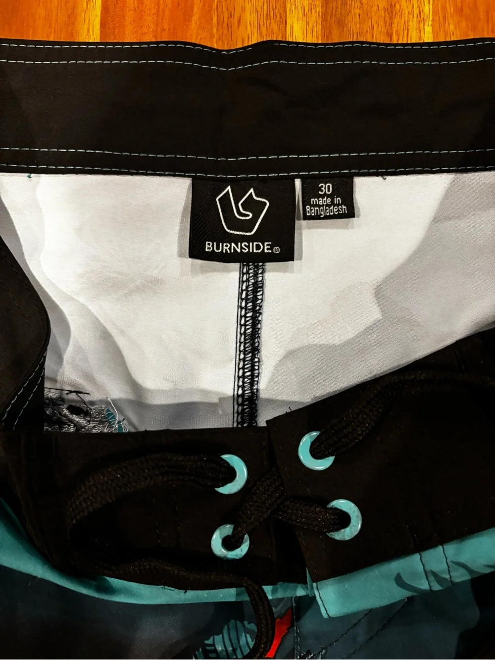Burnside Men's Black & Teal Tropical Floral Swim Trunks Drawstring Waist 30
